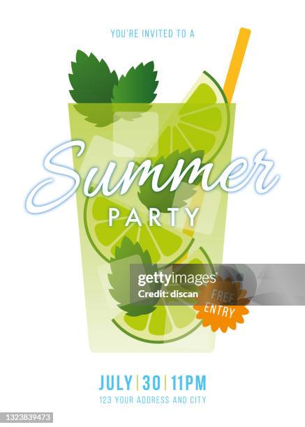 ilustrações de stock, clip art, desenhos animados e ícones de summer party invitation with mojito cocktail. - happy hour