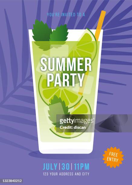 sommerparty-einladung mit mojito-cocktail. - cocktail party stock-grafiken, -clipart, -cartoons und -symbole