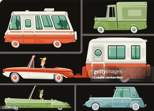 fahrzeugsatz - campingwagen stock-grafiken, -clipart, -cartoons und -symbole