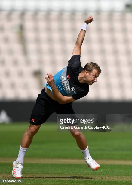 Neil Wagner of New Zealand bowls during a nets session at The Ageas Bowl on June 16, 2021 in Southampton, England.
