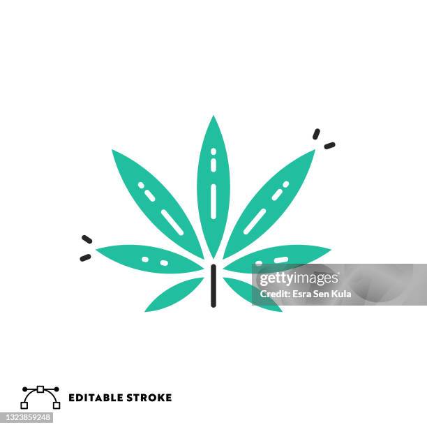 marihuana blatt flache linie icon mit editierbaren strich - hemp stock-grafiken, -clipart, -cartoons und -symbole
