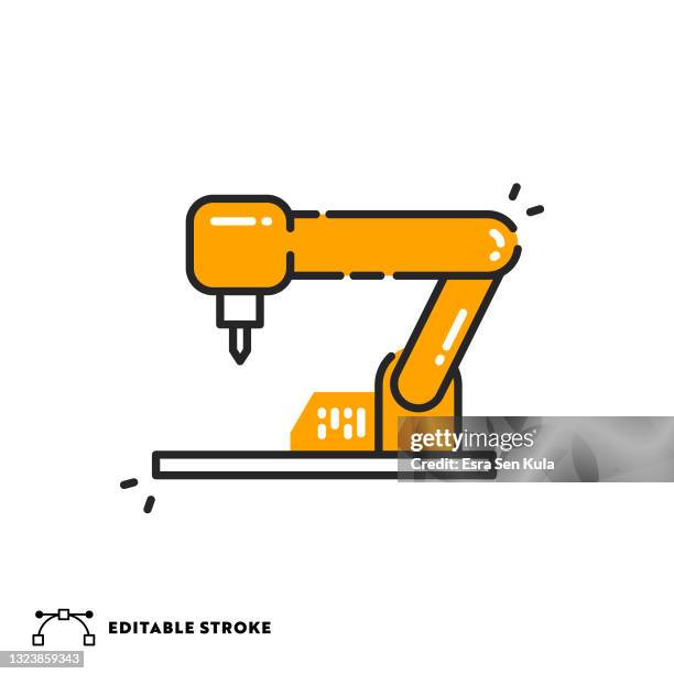 stockillustraties, clipart, cartoons en iconen met robotic arm flat line icon with editable stroke - cnc machine icon