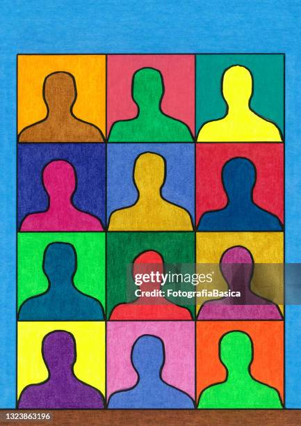 men inside piled blocks - model blue background stock illustrations