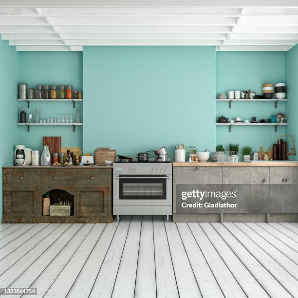 empty classic kitchen - vintage furniture stockfoto's en -beelden