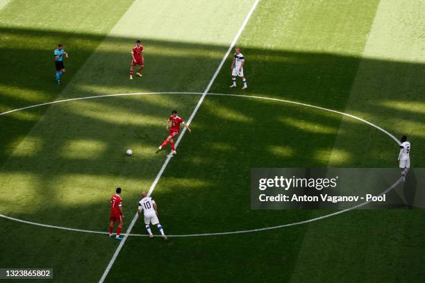 Aleksei Miranchuk of Russia kicks off during the UEFA Euro 2020 Championship Group B match between Finland and Russia at Saint Petersburg Stadium on...