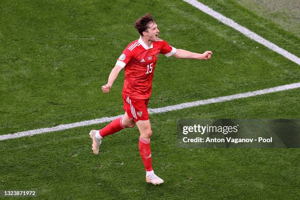 Aleksei Miranchuk of Russia celebrates after scoring their side's first goal during the UEFA Euro 2020 Championship Group B match between Finland and...