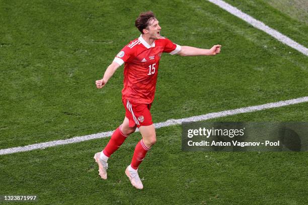 Aleksei Miranchuk of Russia celebrates after scoring their side's first goal during the UEFA Euro 2020 Championship Group B match between Finland and...