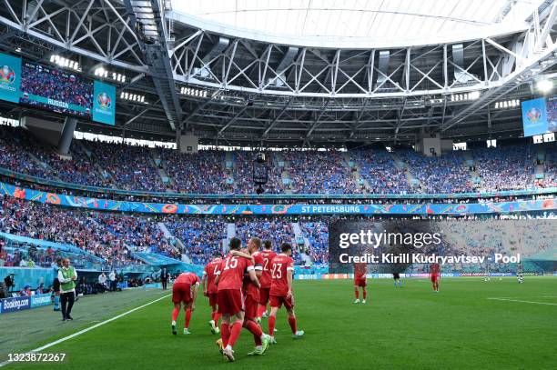 General view inside the stadium as Aleksei Miranchuk of Russia celebrates with team mates after scoring their side's first goal during the UEFA Euro...