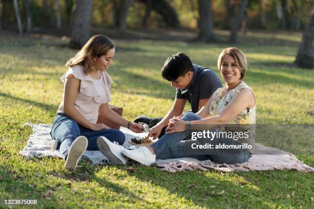 happy mother sitting with children on blanket and smiling - mexican picnic stock pictures, royalty-free photos & images