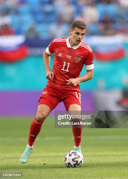 Roman Zobnin of Russia on the ball during the UEFA Euro 2020 Championship Group B match between Finland and Russia at Saint Petersburg Stadium on...