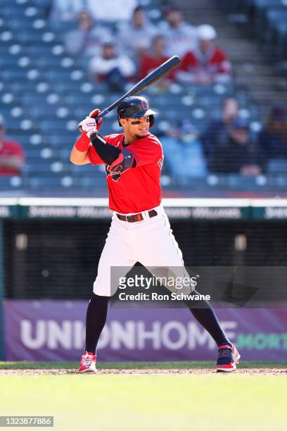 Cesar Hernandez of the Cleveland Indians bats against the Toronto Blue Jays in the third inning during game two of a doubleheader at Progressive...