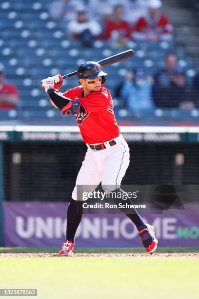 Cesar Hernandez of the Cleveland Indians bats against the Toronto Blue Jays in the third inning during game two of a doubleheader at Progressive...