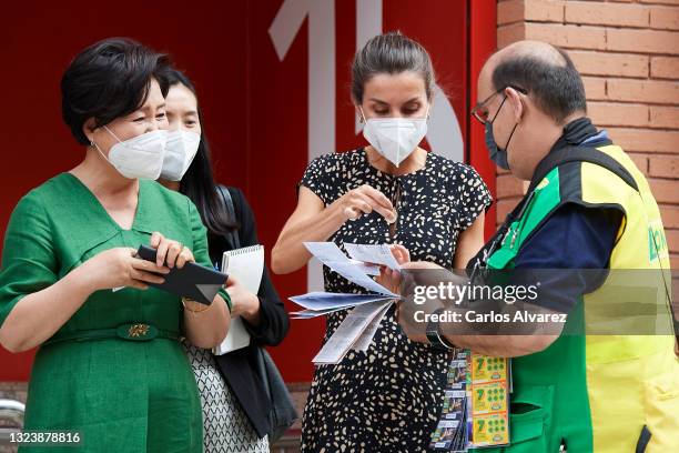 Kim Jung-Sook and Queen Letizia of Spain buy ONCE charity lottery ticket in front of the ONCE Foundation Headquarters on June 16, 2021 in Madrid,...