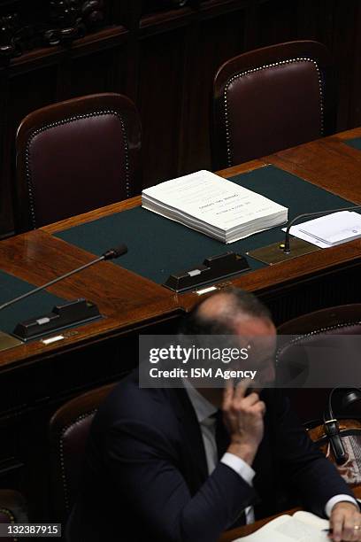 General view of the Italian Chamber of Deputies with Italian Prime Minister Silvio Berlusconi's empty seat before a vote on 2012 budget law on...