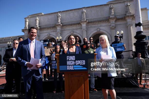 Rep. Alexandria Ocasio-Cortez speaks during an event outside Union Station June 16, 2021 in Washington, DC. Ocasio-Cortez, joined by Rep. Seth...