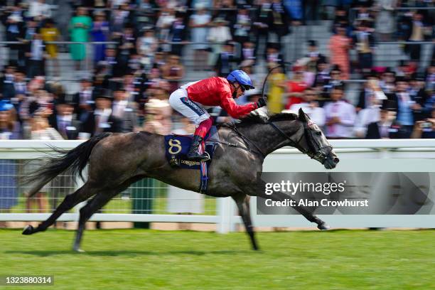 Frankie Dettori riding Indie Angel win The Duke Of Cambridge Stakes on Day Two of the Royal Ascot Meeting at Ascot Racecourse on June 16, 2021 in...