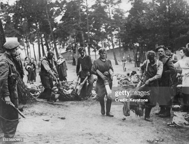 Scenes inside the Bergen-Belsen Nazi Concentration Camp as captured guards of the SS Schutzstaffel are made to carry the bodies of dead prisoners for...