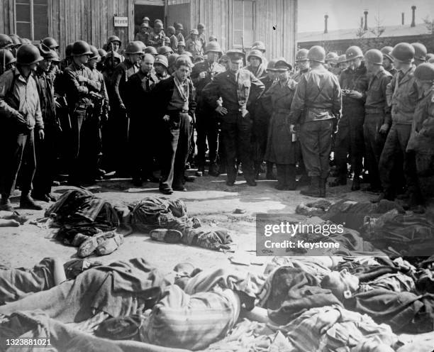 Scenes inside the Ohrdruf Nazi Concentration Camp as Supreme Allied Commander Dwight D Eisenhower and Generals George S Patton, Omar Bradley and...