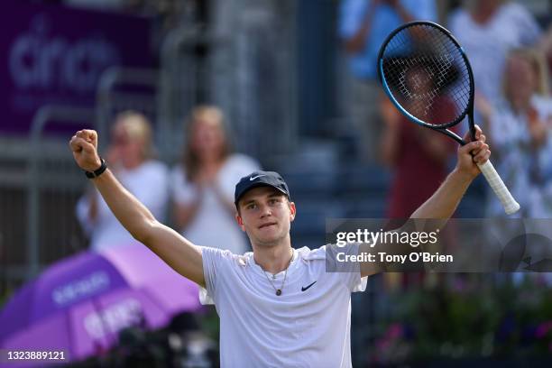 Jack Draper of Great Britain celebrates match point during his Round of 16 match against Alexander Bublik of Kazakhstani during Day 3 of The cinch...