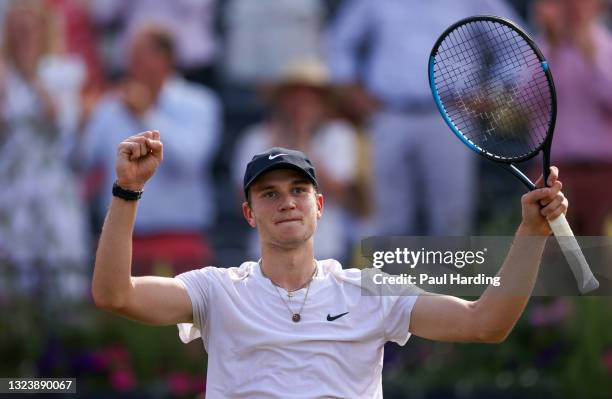 Jack Draper of Great Britain celebrates match point during his Round of 16 match against Alexander Bublik of Kazakhstani during Day 3 of The cinch...