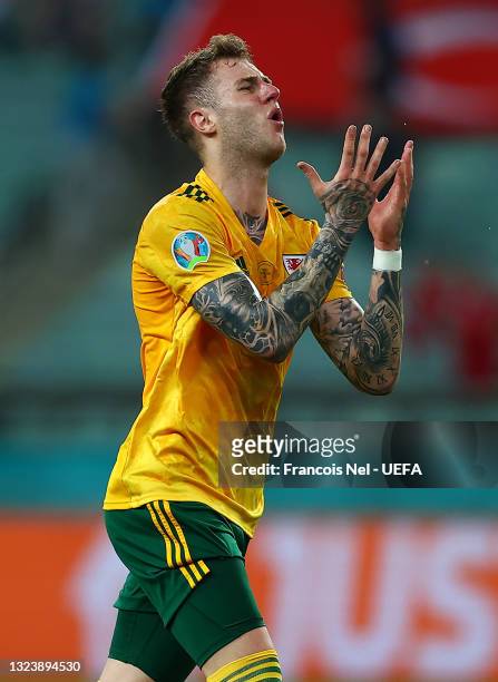 Joe Rodon of Wales reacts during the UEFA Euro 2020 Championship Group A match between Turkey and Wales at Baku Olimpiya Stadionu on June 16, 2021 in...
