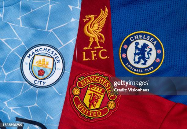 The club badges of the four Premier League teams in the 2021/22 UEFA Champions League Manchester City, Liverpool, Manchester United and Chelsea on...