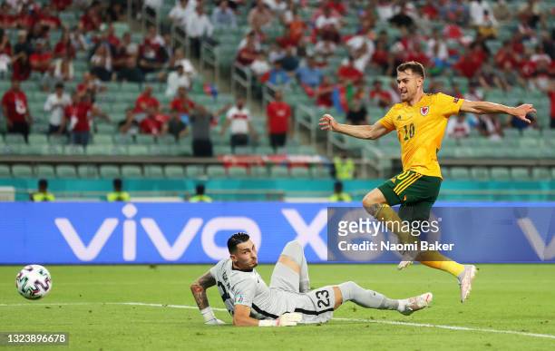 Aaron Ramsey of Wales scores their side's first goal past Ugurcan Cakir of Turkey during the UEFA Euro 2020 Championship Group A match between Turkey...