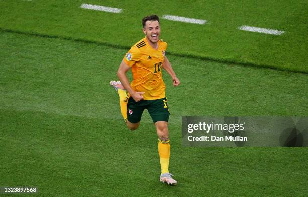 Aaron Ramsey of Wales celebrates after scoring their side's first goal during the UEFA Euro 2020 Championship Group A match between Turkey and Wales...