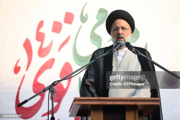 Iran presidential candidate Ebrahim Raeesi takes part in a campaign meeting with school teachers and athletes on June 15, 2021 in Tehran, Iran. The...