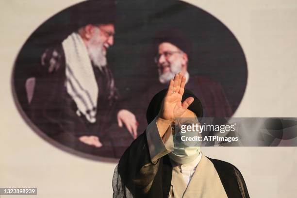 Iran presidential candidate Ebrahim Raeesi takes part in a campaign meeting with school teachers and athletes on June 15, 2021 in Tehran, Iran. The...