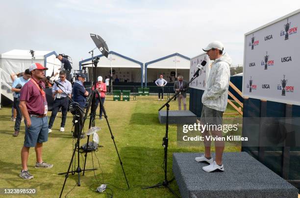 SiriusXM host Taylor Zarzour interviews Rory McIlroy at SiriusXM at The U.S. Open at Torrey Pines Golf Course on June 16, 2021 in La Jolla,...