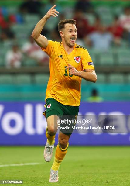 Aaron Ramsey of Wales celebrates after scoring their side's first goal during the UEFA Euro 2020 Championship Group A match between Turkey and Wales...