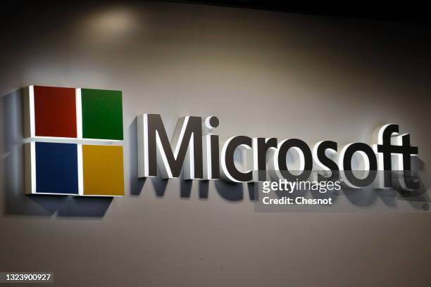 The logo of the U.S. Multinational computer and microcomputer, founded in 1975 by Bill Gates and Paul Allen, Microsoft Corporation on display during...