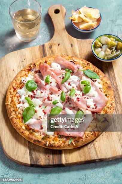 pizza burrata cheese ham - pizza with ham stock pictures, royalty-free photos & images