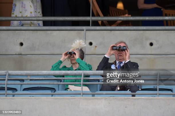 Anne, Princess Royal and Andrew Parker Bowles are seen watching a race during Royal Ascot 2021 at Ascot Racecourse on June 16, 2021 in Ascot, England.