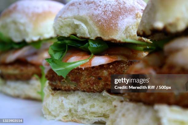 close-up of burger in plate,amelia island,florida,united states,usa - amelia island florida stockfoto's en -beelden