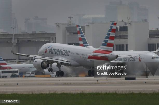 An American Airlines plane takes off at the Miami International Airport on June 16, 2021 in Miami, Florida. Miami International Airport, founded in...