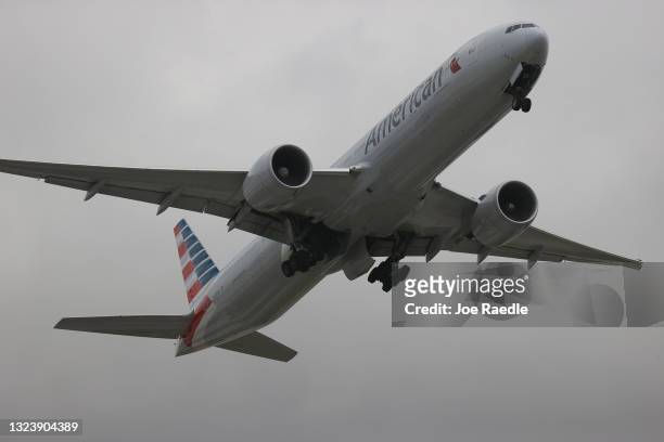 An American Airlines plane takes off at the Miami International Airport on June 16, 2021 in Miami, Florida. Miami International Airport, founded in...