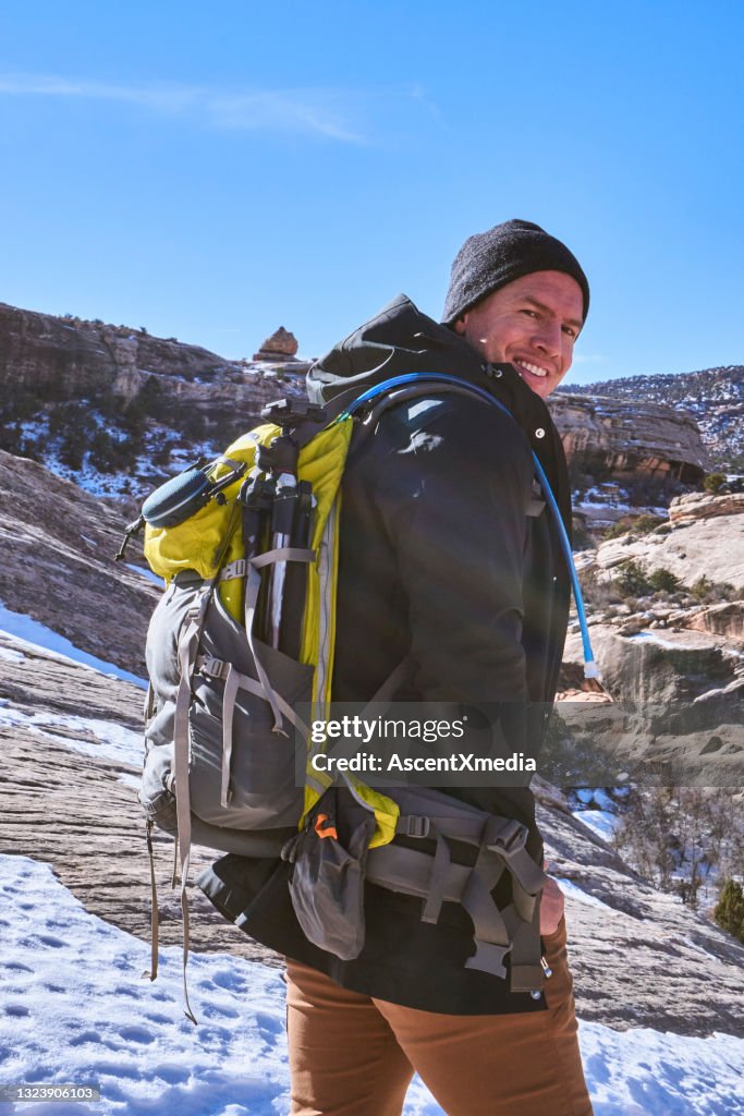 Spring Hike Man Young Man Hikes Along Sandstone Cliffs In Springtime High-Res Stock ...
