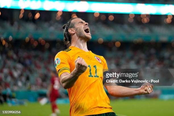 Gareth Bale of Wales celebrates after their side's second goal scored by Connor Roberts during the UEFA Euro 2020 Championship Group A match between...