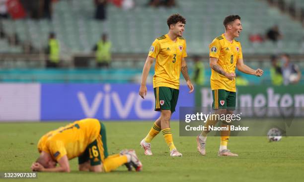 Harry Wilson and Neco Williams of Wales celebrate after victory in the UEFA Euro 2020 Championship Group A match between Turkey and Wales at Baku...