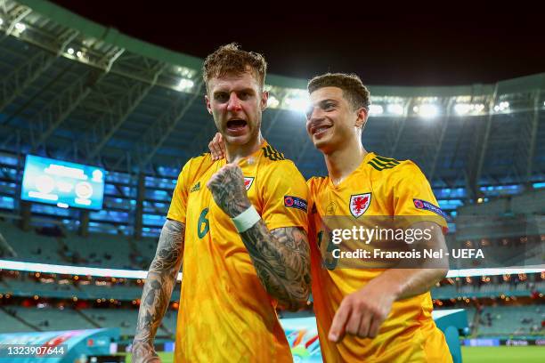 Joe Rodon and Ethan Ampadu of Wales celebrates their side's victory after the UEFA Euro 2020 Championship Group A match between Turkey and Wales at...