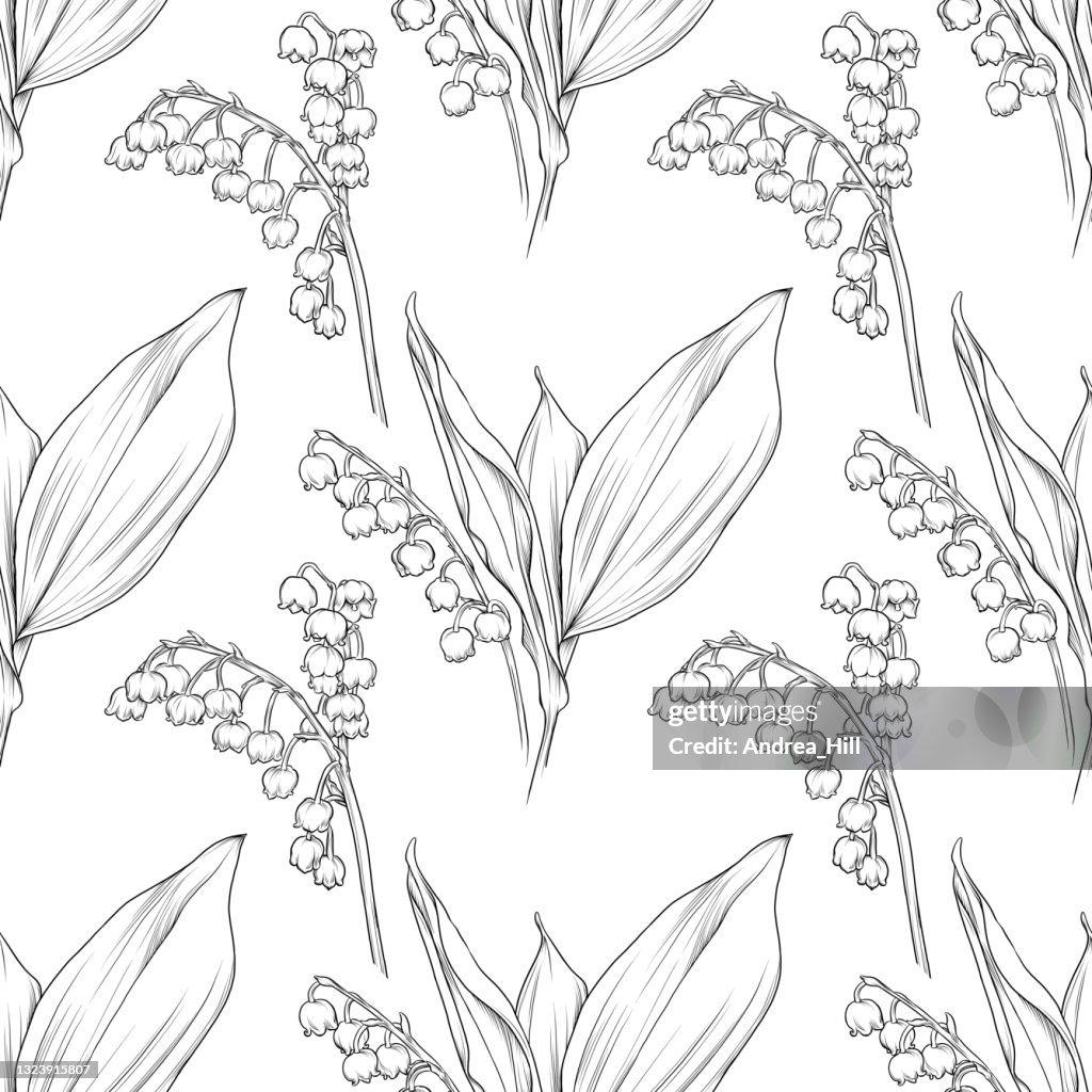 リリー・オブ・ザ・バレーフラワーインクシームレスパターンベクトルイラスト