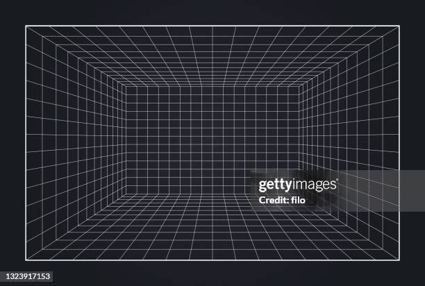 ilustrações de stock, clip art, desenhos animados e ícones de depth grid box 3d virtual reality space background - copy space