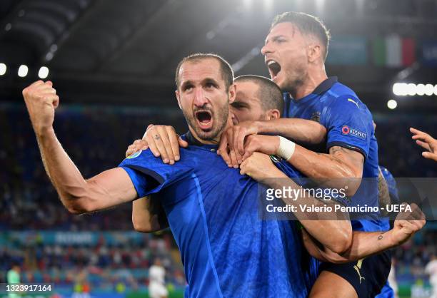 Giorgio Chiellini of Italy celebrates after scoring a goal which is later disallowed for hand ball during the UEFA Euro 2020 Championship Group A...
