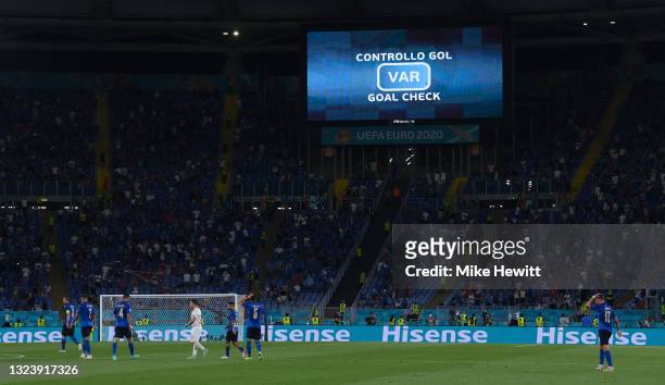The LED screen displays information that VAR are checking a goal scored by Giorgio Chiellini during the UEFA Euro 2020 Championship Group A match...