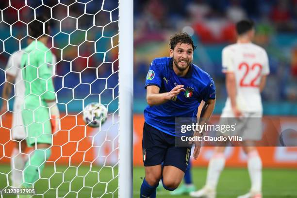 Manuel Locatelli of Italy celebrates after scoring their side's first goal during the UEFA Euro 2020 Championship Group A match between Italy and...