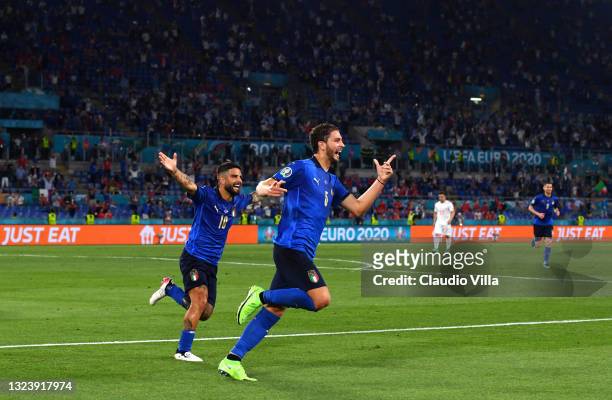 Manuel Locatelli of Italy celebrates after scoring their side's first goal during the UEFA Euro 2020 Championship Group A match between Italy and...