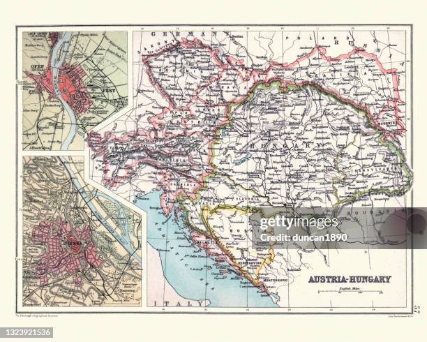 antique map of austria hungary, details of vienna and budapest, 19th century - traditionally austrian 幅插畫檔、美工圖案、卡通及圖標