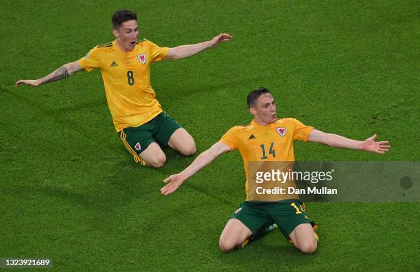 Connor Roberts of Wales celebrates with Harry Wilson after scoring their side's second goal during the UEFA Euro 2020 Championship Group A match...